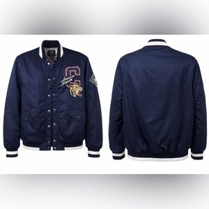 Blue Bomber Jacket with Embroidered Patches